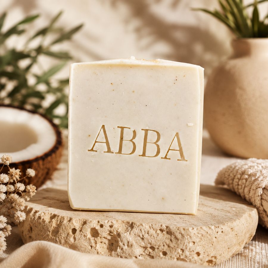 Una barra rectangular de jabón color crema con el nombre 'ABBA' impreso en letras doradas, expuesta sobre una losa de piedra texturizada con medio coco, flores secas y una maceta beige al fondo.